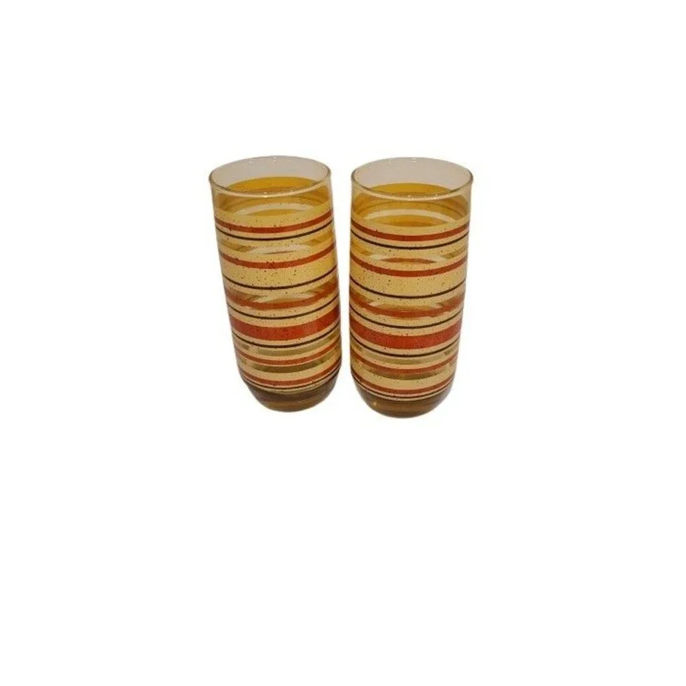 Retro Striped Juice Tumblers – Vintage Yellow Amber Orange Glass – Set of 2
